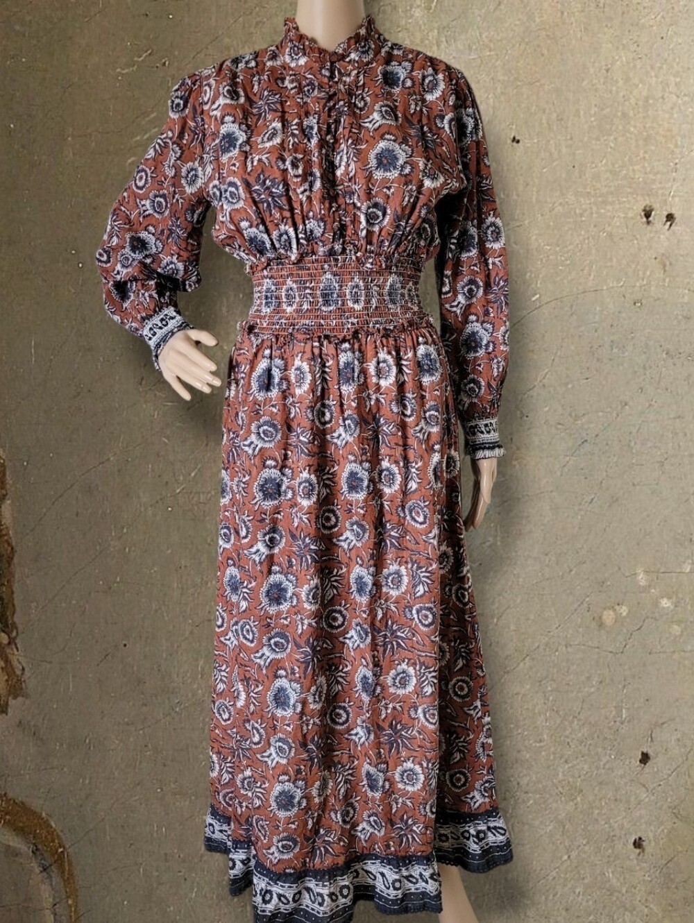Cleobella Vickie Long Sleeve Earthy Maxi Dress Smocked S Brown